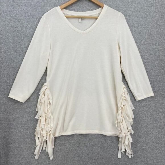 Cato Blouse Womens XS Cream Fringed Split Sides VNeck 3/4 Sleeve Stretch - Picture 1 of 10